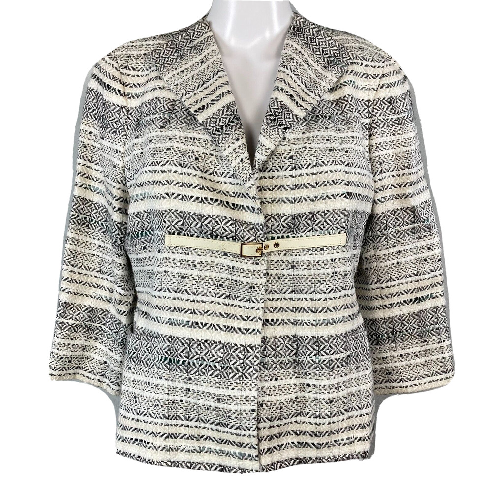 Doncaster Blazer Women 6 White Blue Beige Silk Wool Tweed Jacket Buckle Closure‎